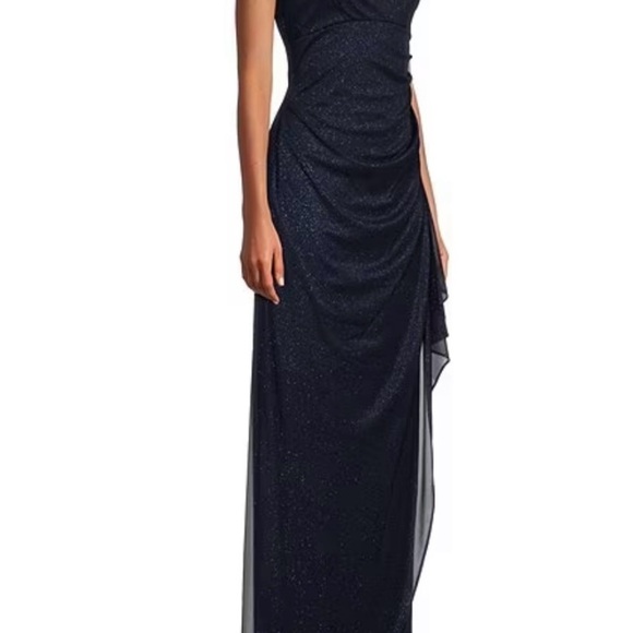 Alex Evenings Glitter Mesh Cold Shoulder Cap Sleeve Side Slit Ruched Gown - Picture 4 of 11